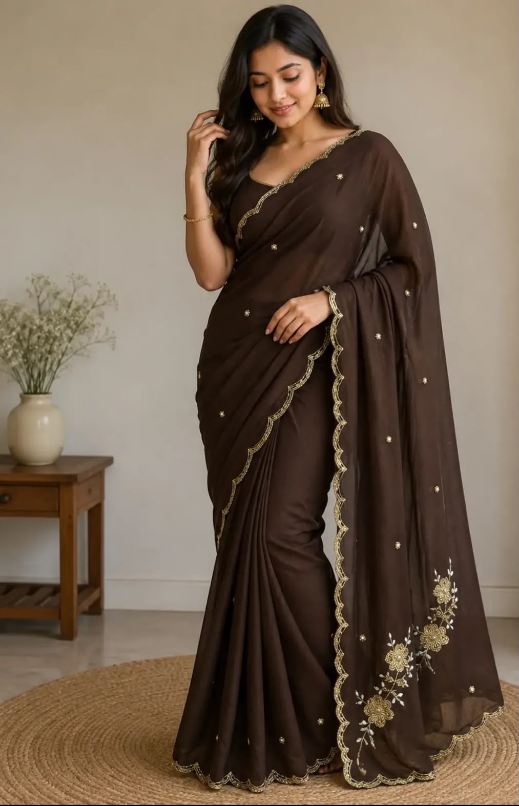 The Espresso Scallop: Dark Brown Hand-Embroidered Cutdana Saree