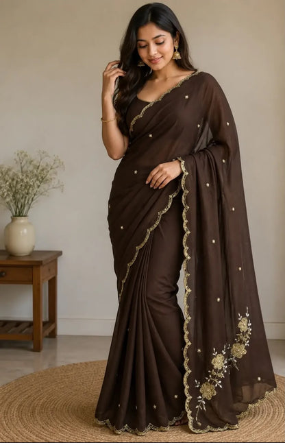 The Espresso Scallop: Dark Brown Hand-Embroidered Cutdana Saree