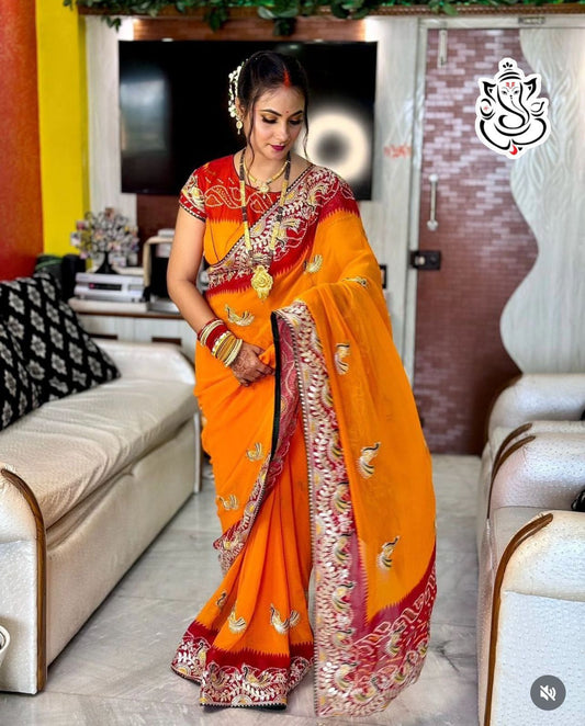 Arrivals In Bandhej YELLOW +Red Spcl Heavy Georgatte Bandhej Saree