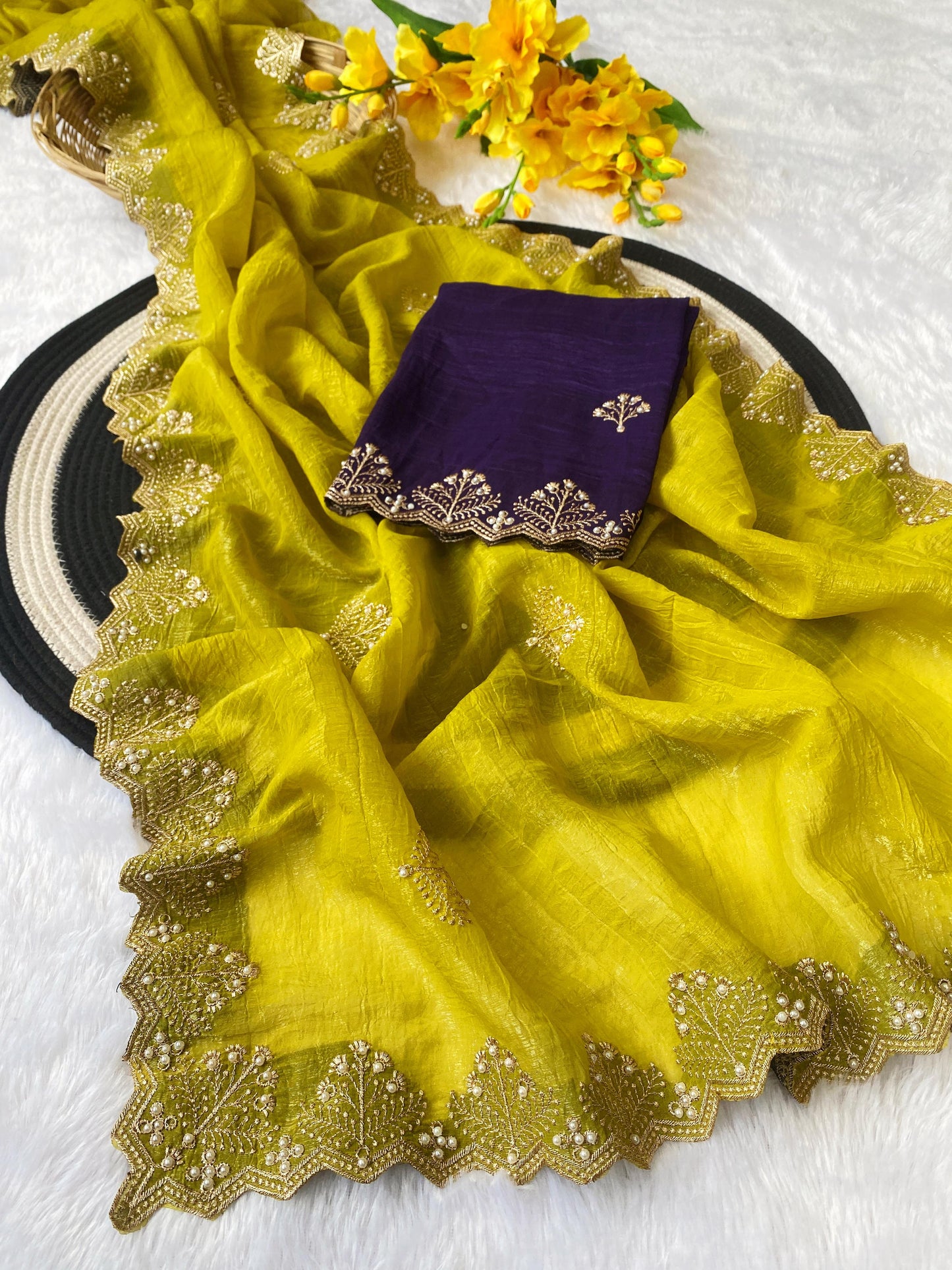 Crunchi Soft  Silk With Beautiful Embroidery & Moti Work A Scalloped