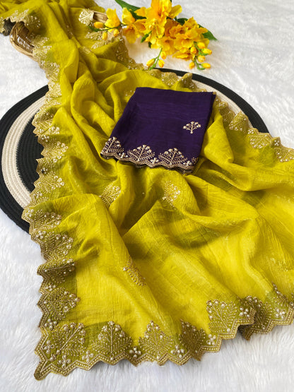 Crunchi Soft  Silk With Beautiful Embroidery & Moti Work A Scalloped