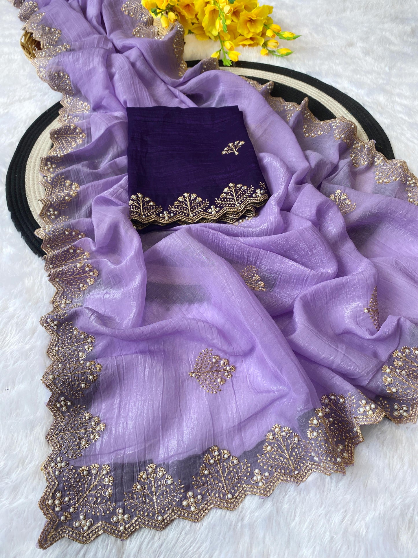 Crunchi Soft  Silk With Beautiful Embroidery & Moti Work A Scalloped
