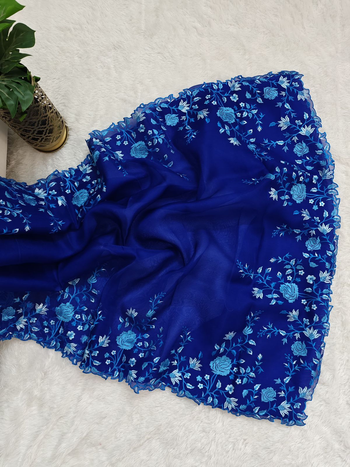 Pure Georgette Saree With Shaded Floral Embroidery On Borders
