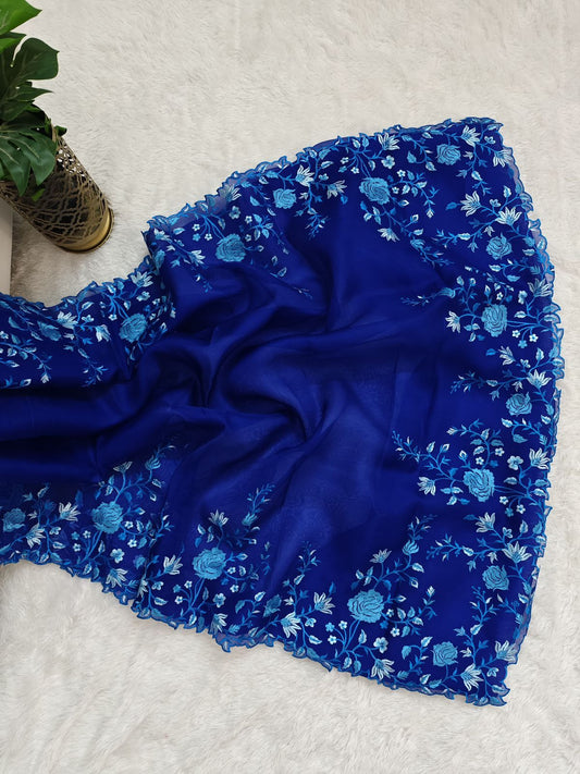 Pure Georgette Saree With Shaded Floral Embroidery On Borders