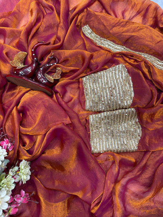 Like a million starts in the sublime sky, delicately handcrafted katdana work bring out the vibrancy of this space silk saree