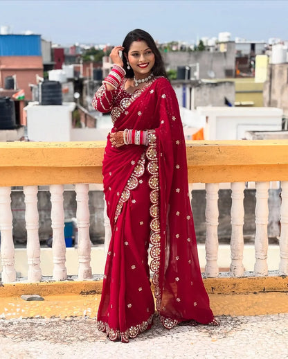 Premium Faux Georgette Saree with Original Mirror Work & Coding Lace Border