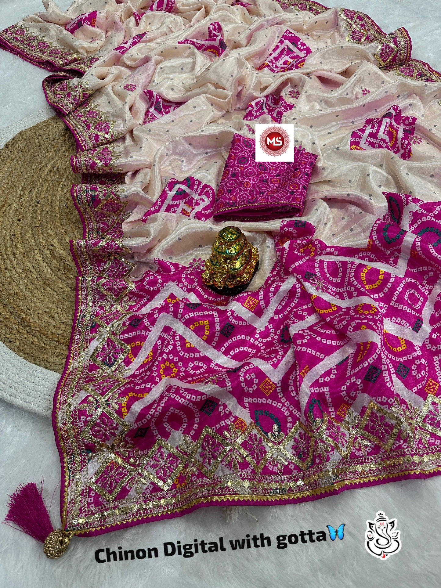 Beautiful Chinon silk bandhej saree