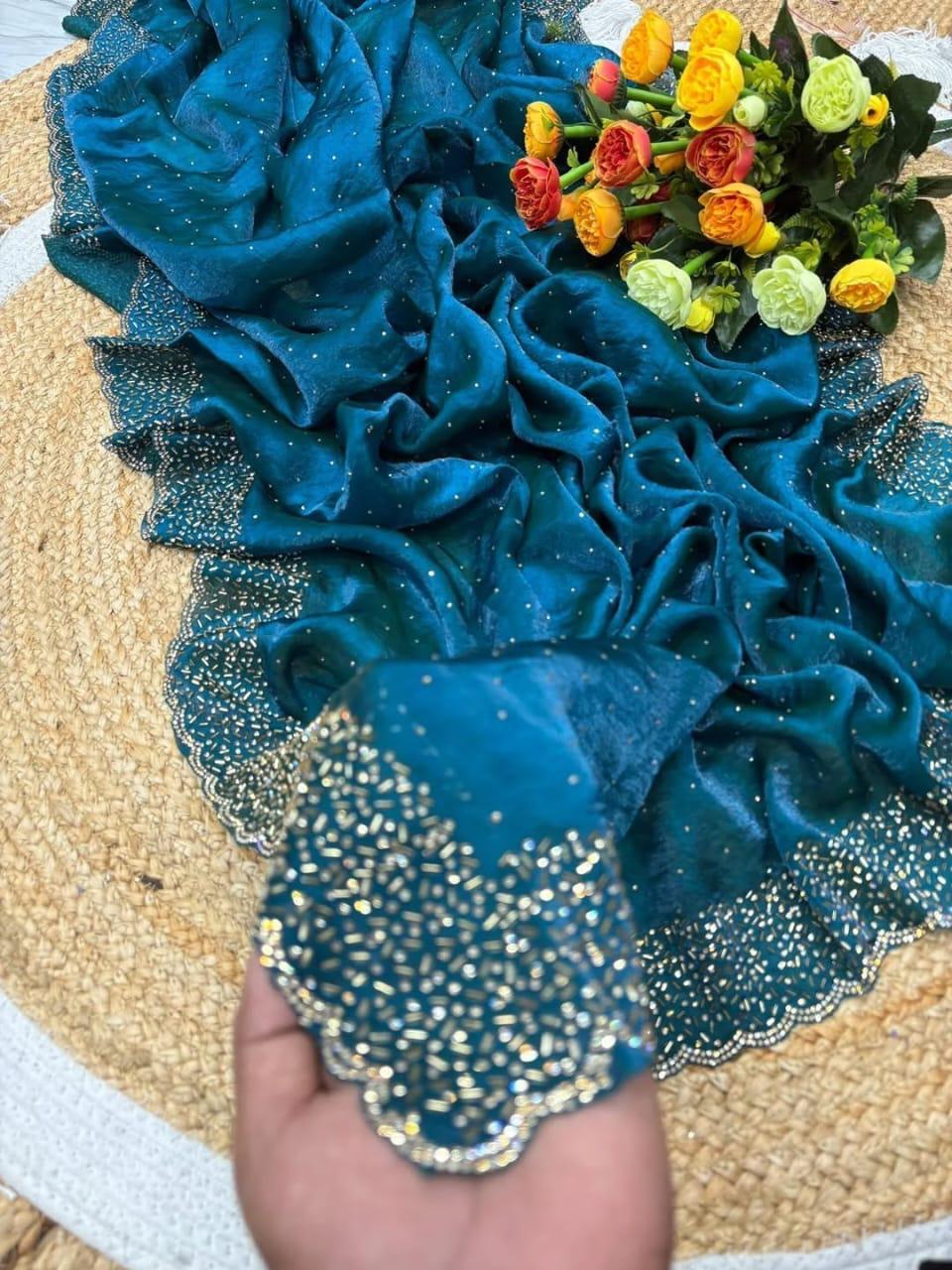 Fendi Space Silk Saree with All-Over Jarkan Work