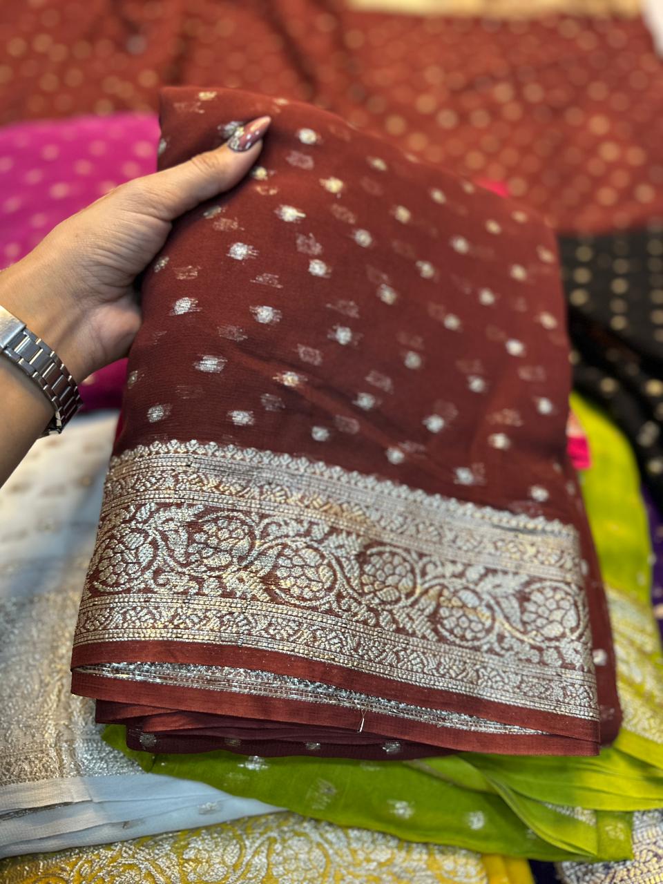 Latest Function wear Viscose Georgette Jacquard Weaving Work Fancy Designer Saree