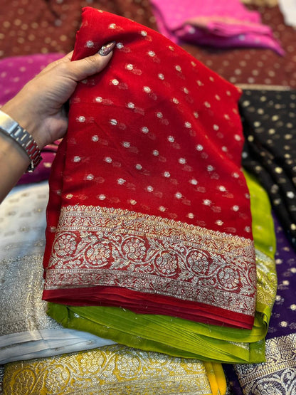 Latest Function wear Viscose Georgette Jacquard Weaving Work Fancy Designer Saree