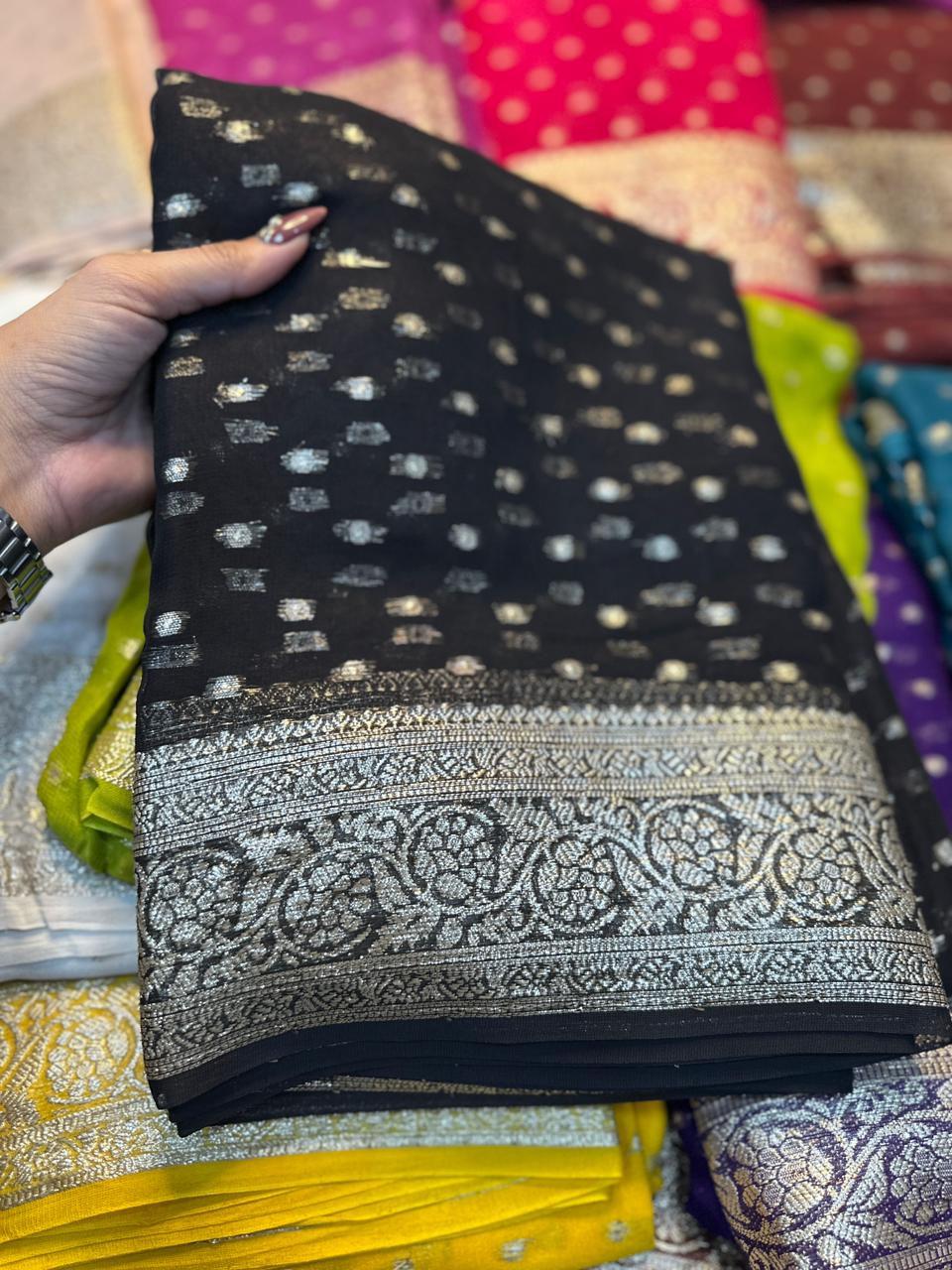 Latest Function wear Viscose Georgette Jacquard Weaving Work Fancy Designer Saree