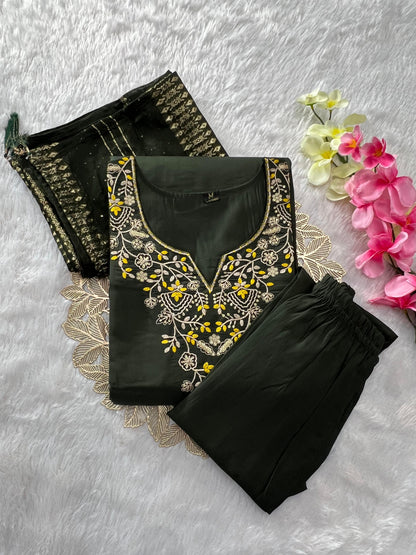 Premium Mehendi Green Roman Silk Embroidered Kurti Set with Dupatta