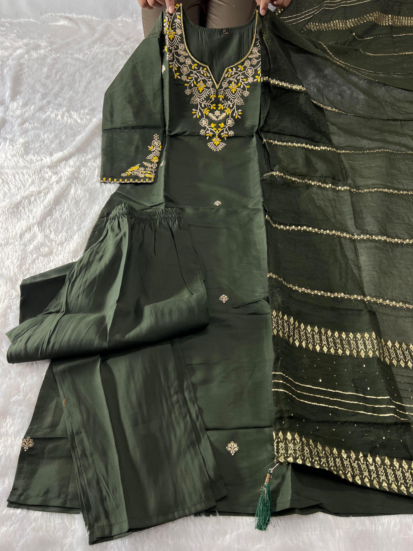 Premium Mehendi Green Roman Silk Embroidered Kurti Set with Dupatta