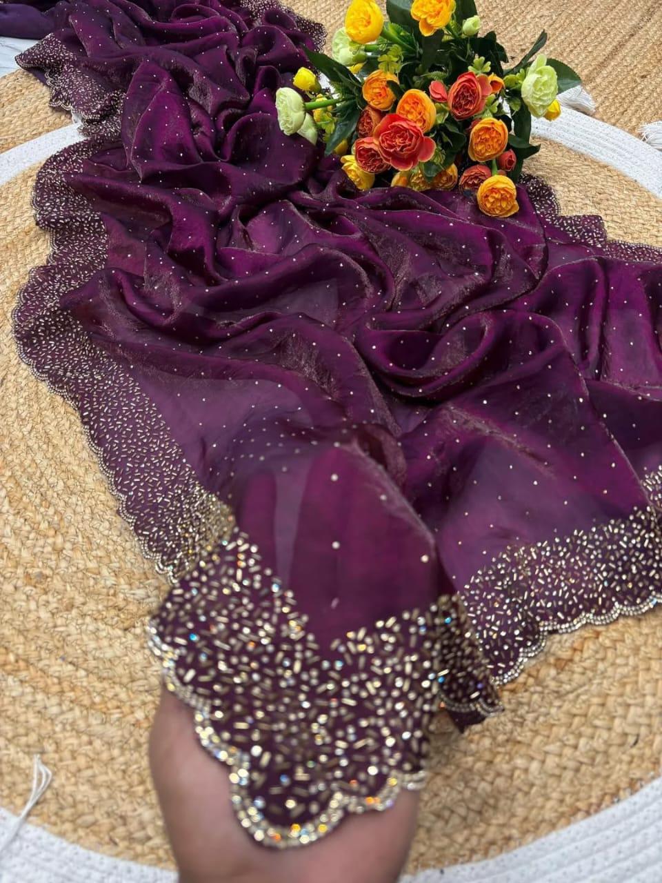 Fendi Space Silk Saree with All-Over Jarkan Work