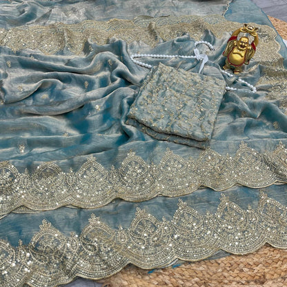 Designer Saree Fendi Chiffon Intricate Thread & Sequins Embroidery