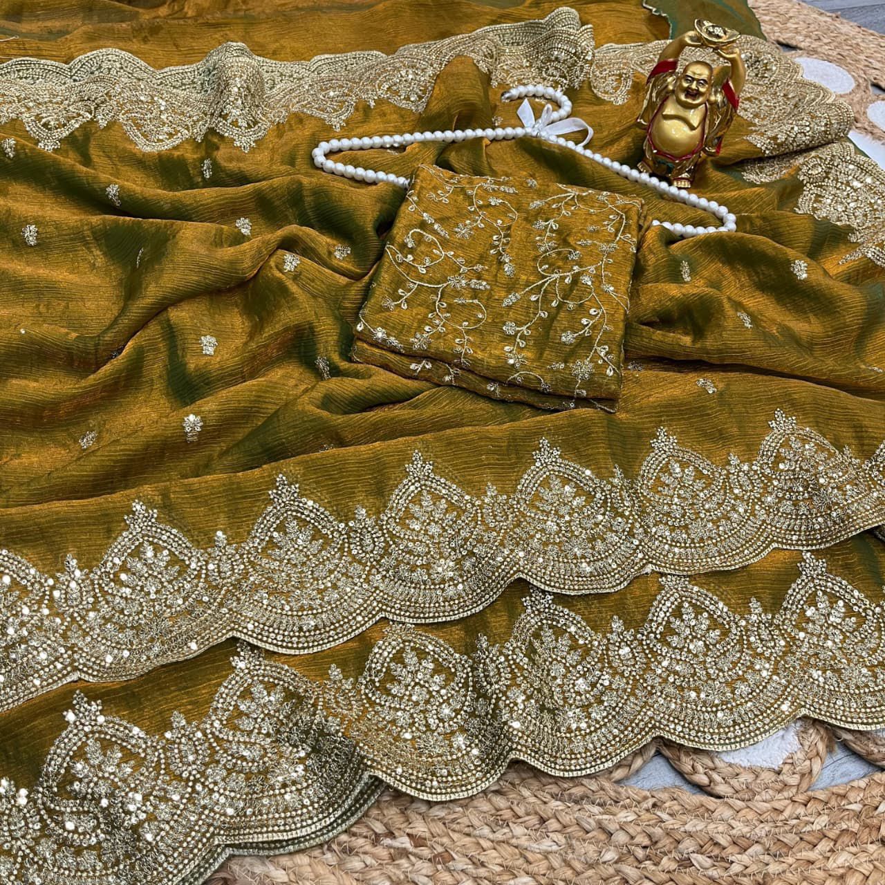 Designer Saree Fendi Chiffon Intricate Thread & Sequins Embroidery