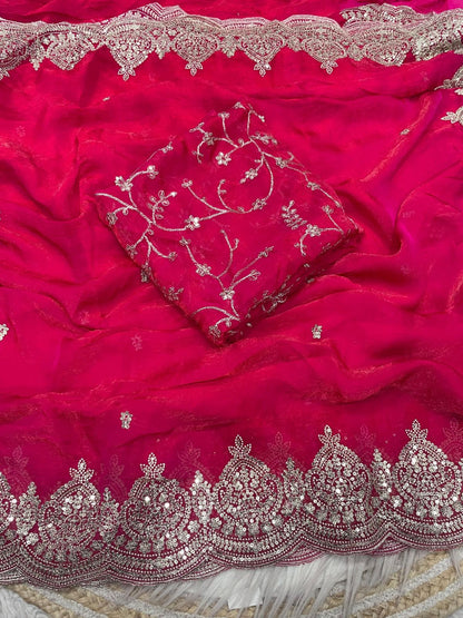 Designer Saree Fendi Chiffon Intricate Thread & Sequins Embroidery