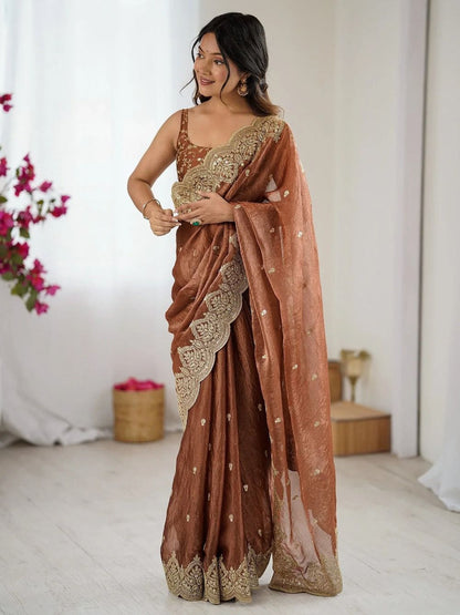 Designer Saree Fendi Chiffon Intricate Thread & Sequins Embroidery