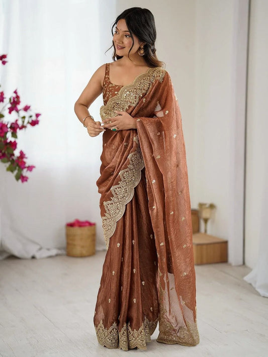 Designer Saree Fendi Chiffon Intricate Thread & Sequins Embroidery