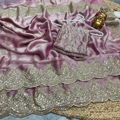 Designer Saree Fendi Chiffon Intricate Thread & Sequins Embroidery