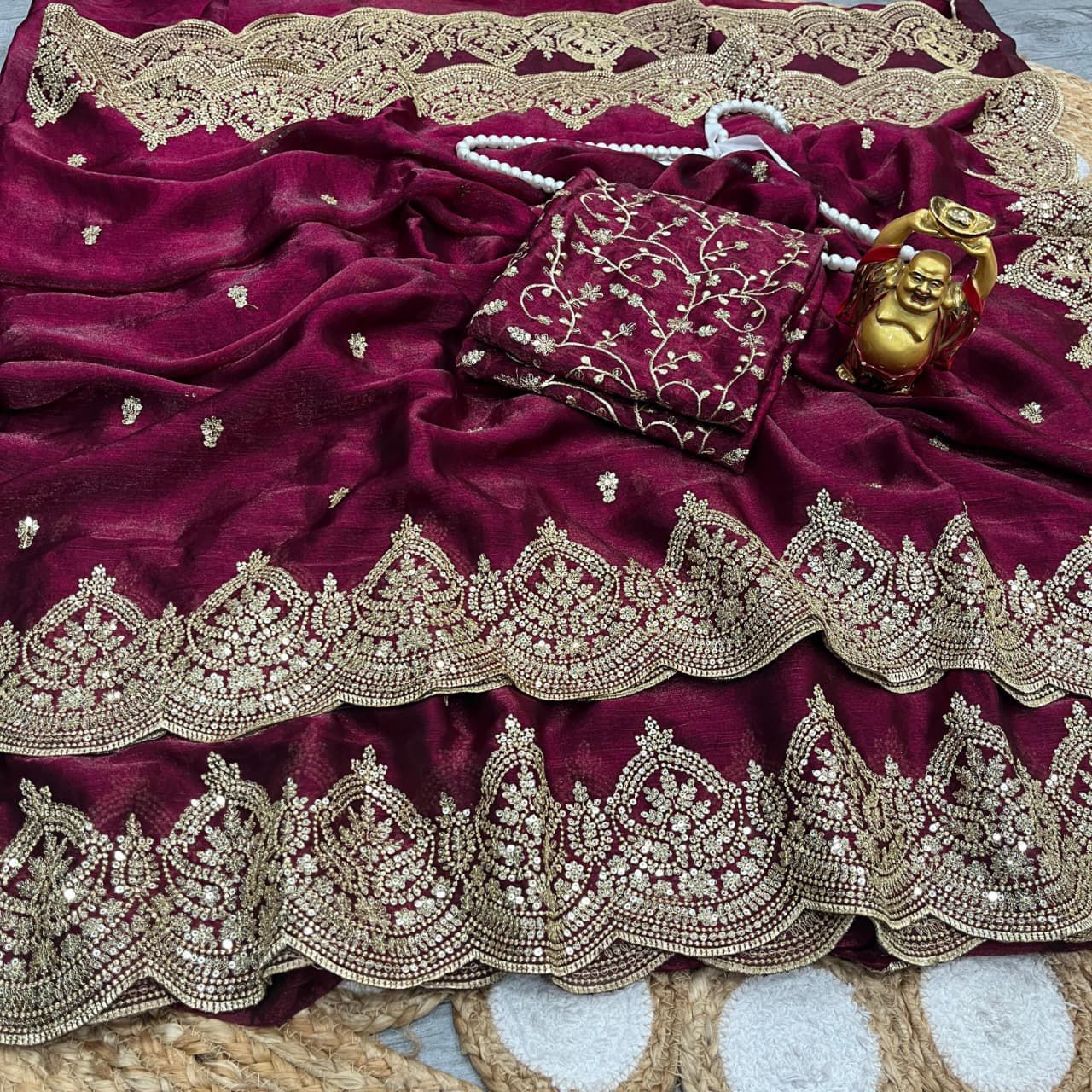 Designer Saree Fendi Chiffon Intricate Thread & Sequins Embroidery