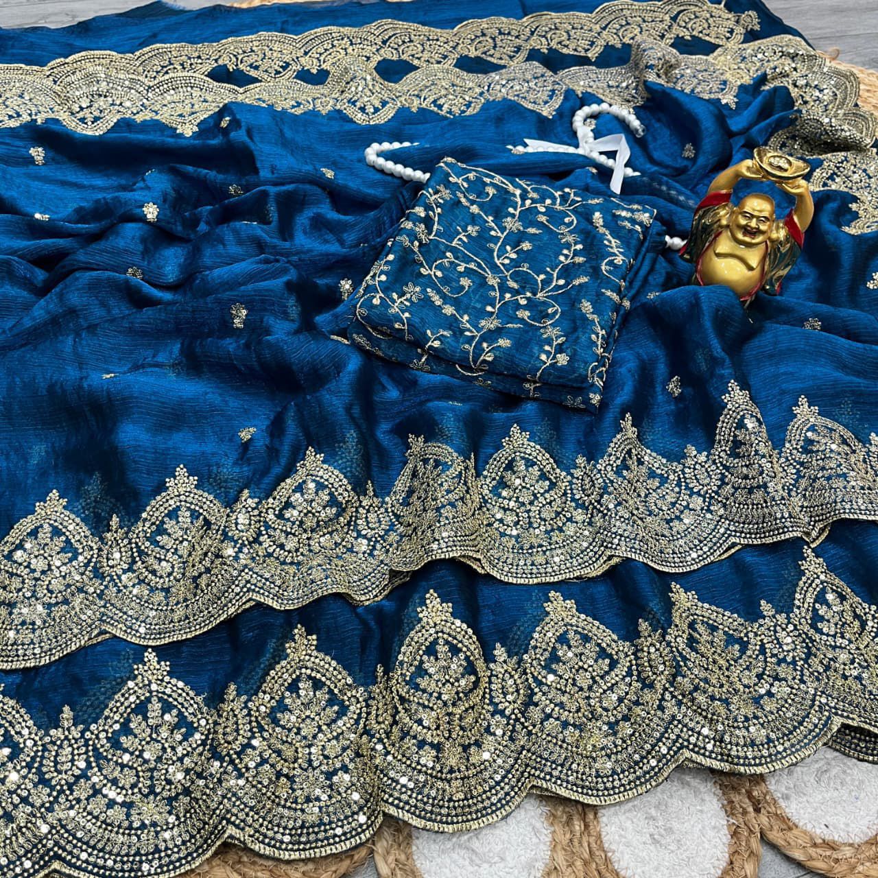 Designer Saree Fendi Chiffon Intricate Thread & Sequins Embroidery