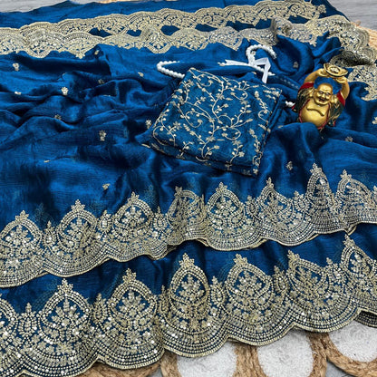 Designer Saree Fendi Chiffon Intricate Thread & Sequins Embroidery