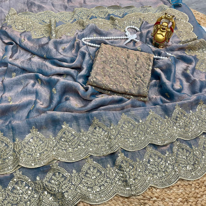 Designer Saree Fendi Chiffon Intricate Thread & Sequins Embroidery