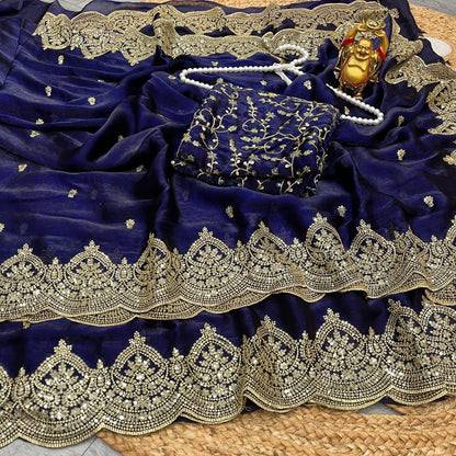 Designer Saree Fendi Chiffon Intricate Thread & Sequins Embroidery