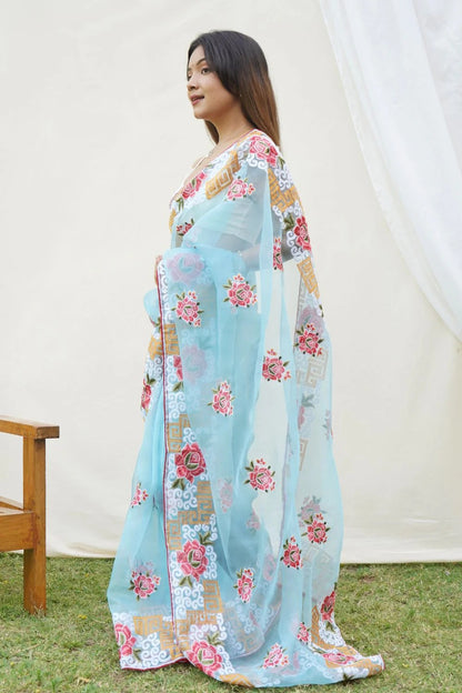 Premium Refined Organza Silk Saree with Viscose Thread Embroidery & Raw Silk Blouse