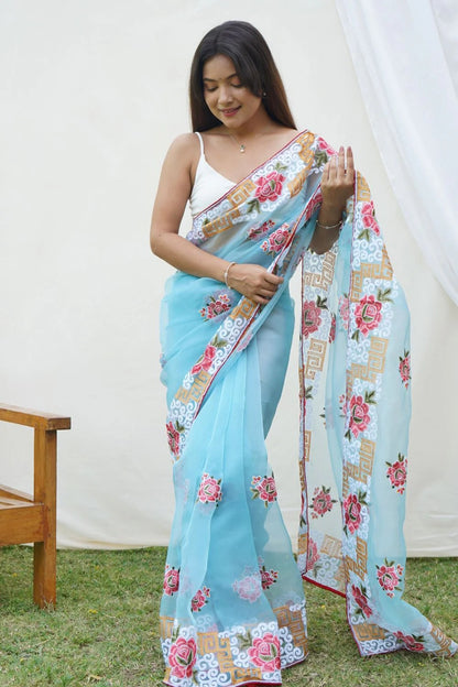 Premium Refined Organza Silk Saree with Viscose Thread Embroidery & Raw Silk Blouse