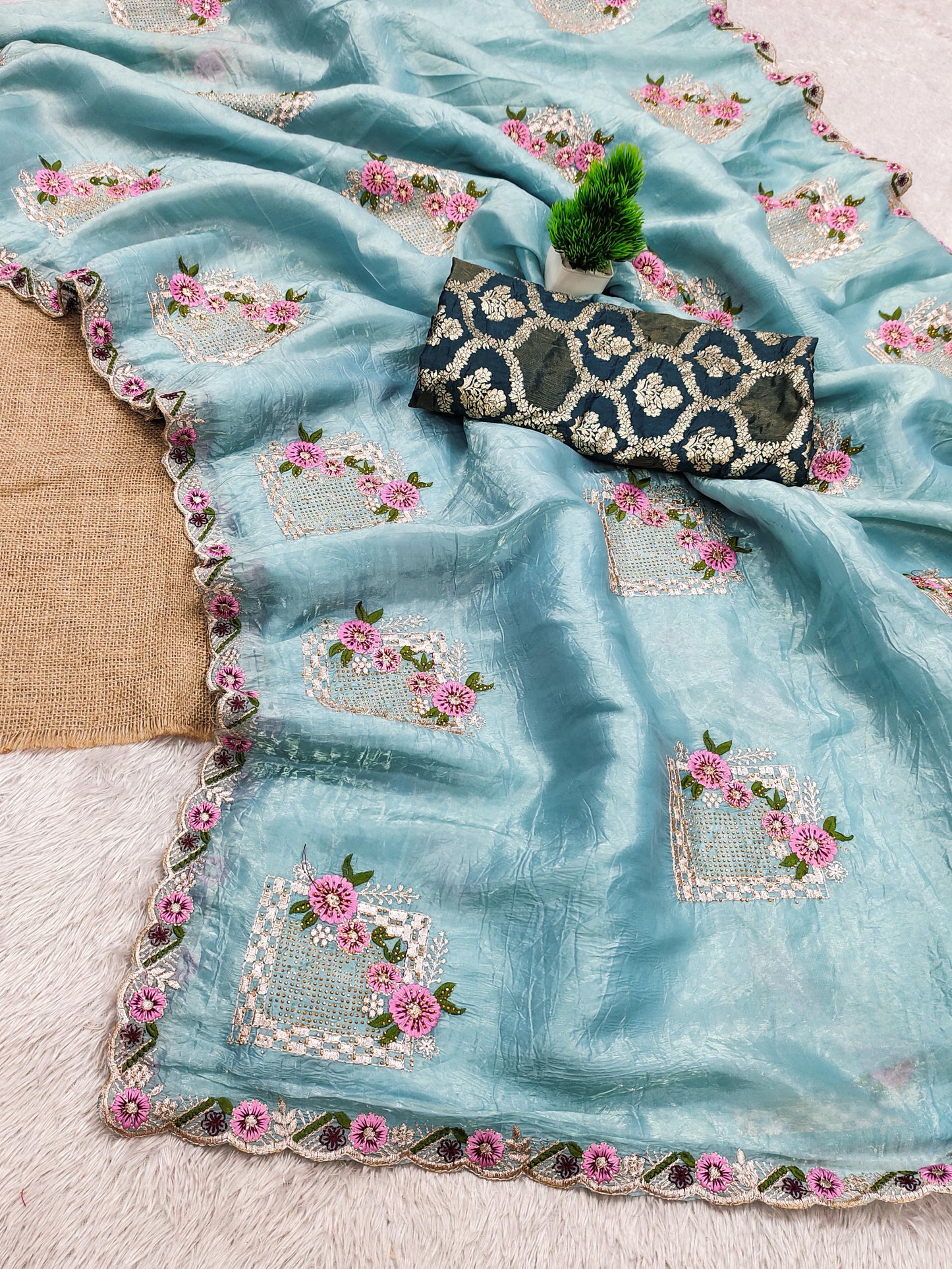 Premium Pure Paper Silk Crush Saree with Floral Embroidery & Swarovski Work