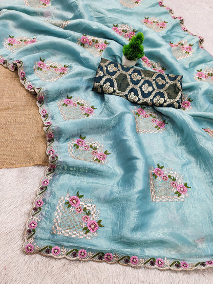 Premium Pure Paper Silk Crush Saree with Floral Embroidery & Swarovski Work