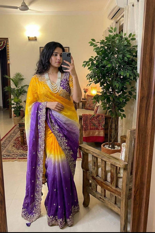 Premium Fendy Satin Padding Saree with Heavy Embroidery & Sequins Work