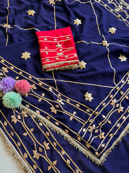 Original Hand Kachhi Gotta Work Heavy Georgette Saree with Sequins Lace Border