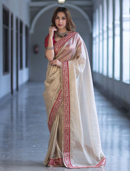 Premium Soft Twil Net Saree with Sequins & Dori Embroidery