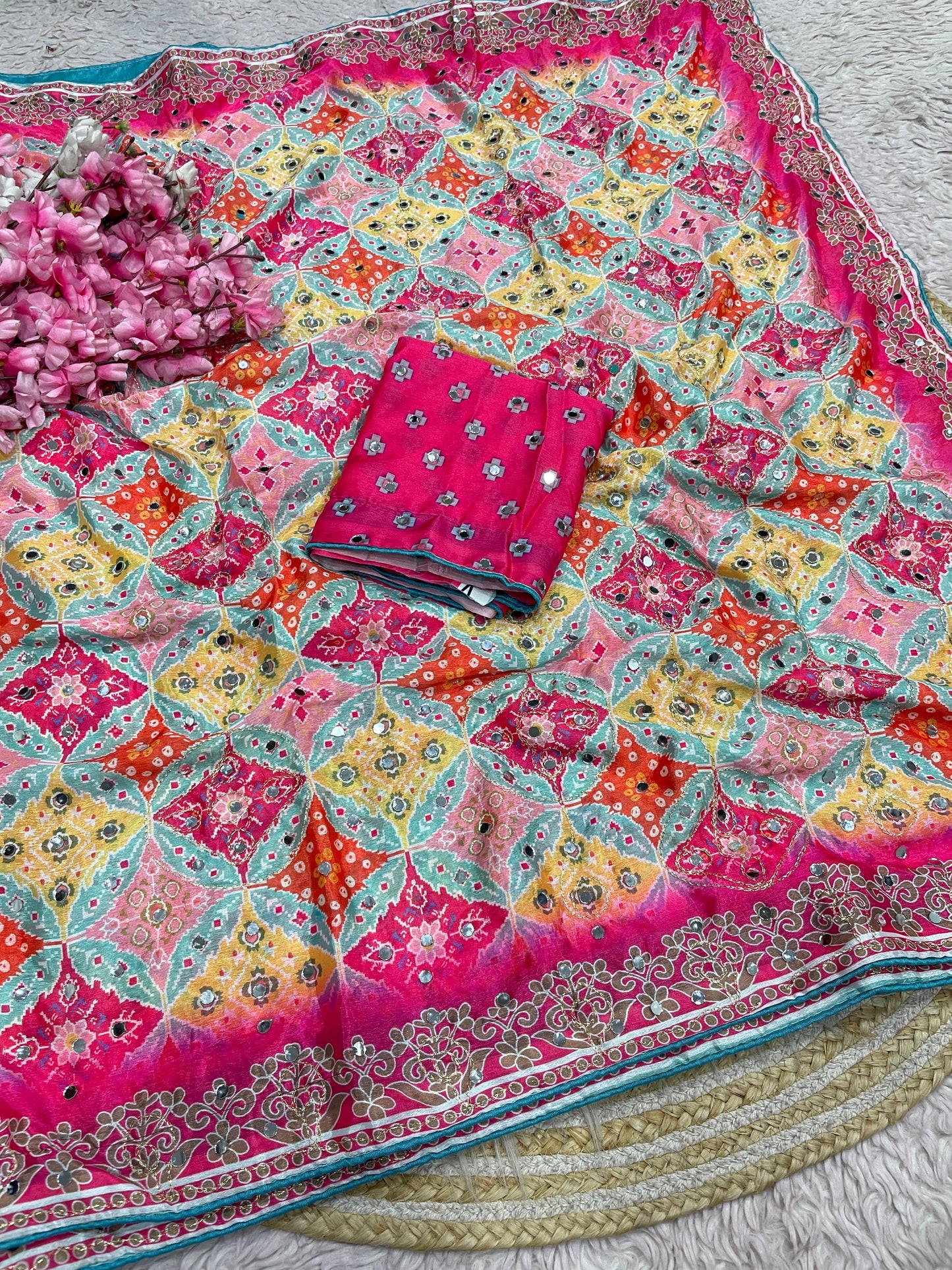 Premium Chinnon Digital Print Saree with Aari & Original Mirror Work