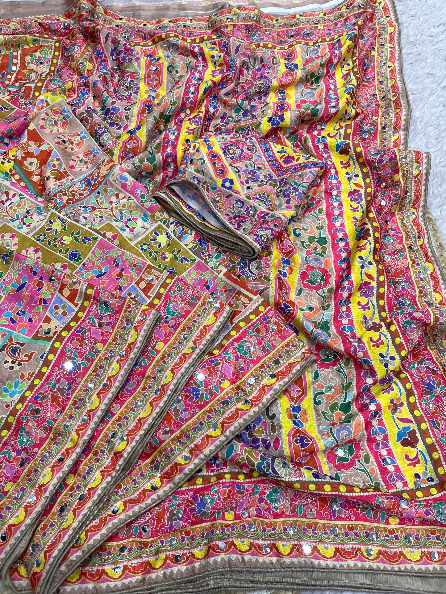 Premium Chinnon Digital Print Saree with Aari & Original Mirror Work