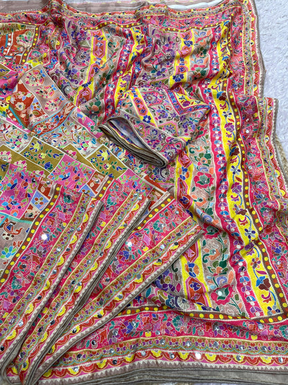 Premium Chinnon Digital Print Saree with Aari & Original Mirror Work