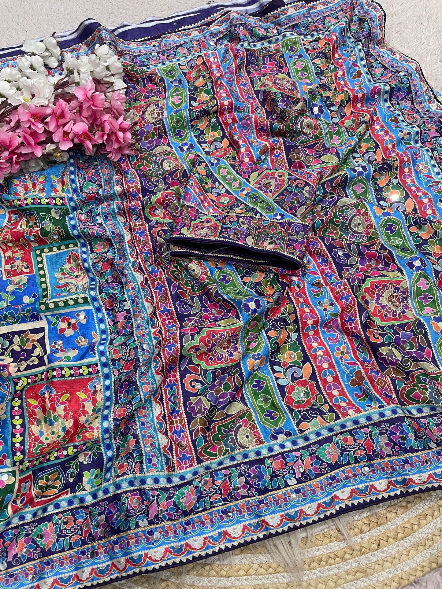 Premium Chinnon Digital Print Saree with Aari & Original Mirror Work