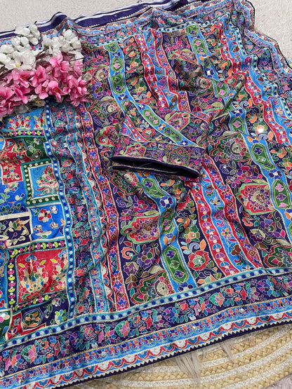 Premium Chinnon Digital Print Saree with Aari & Original Mirror Work