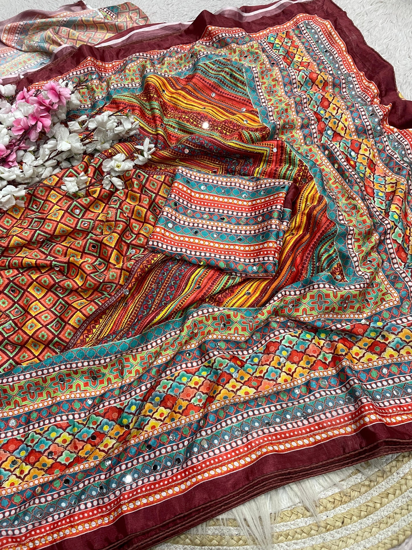Premium Chinnon Digital Print Saree with Aari & Original Mirror Work