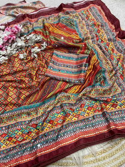 Premium Chinnon Digital Print Saree with Aari & Original Mirror Work