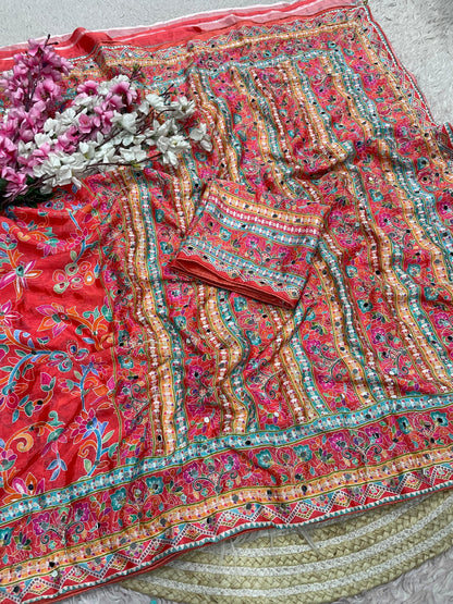 Premium Chinnon Digital Print Saree with Aari & Original Mirror Work