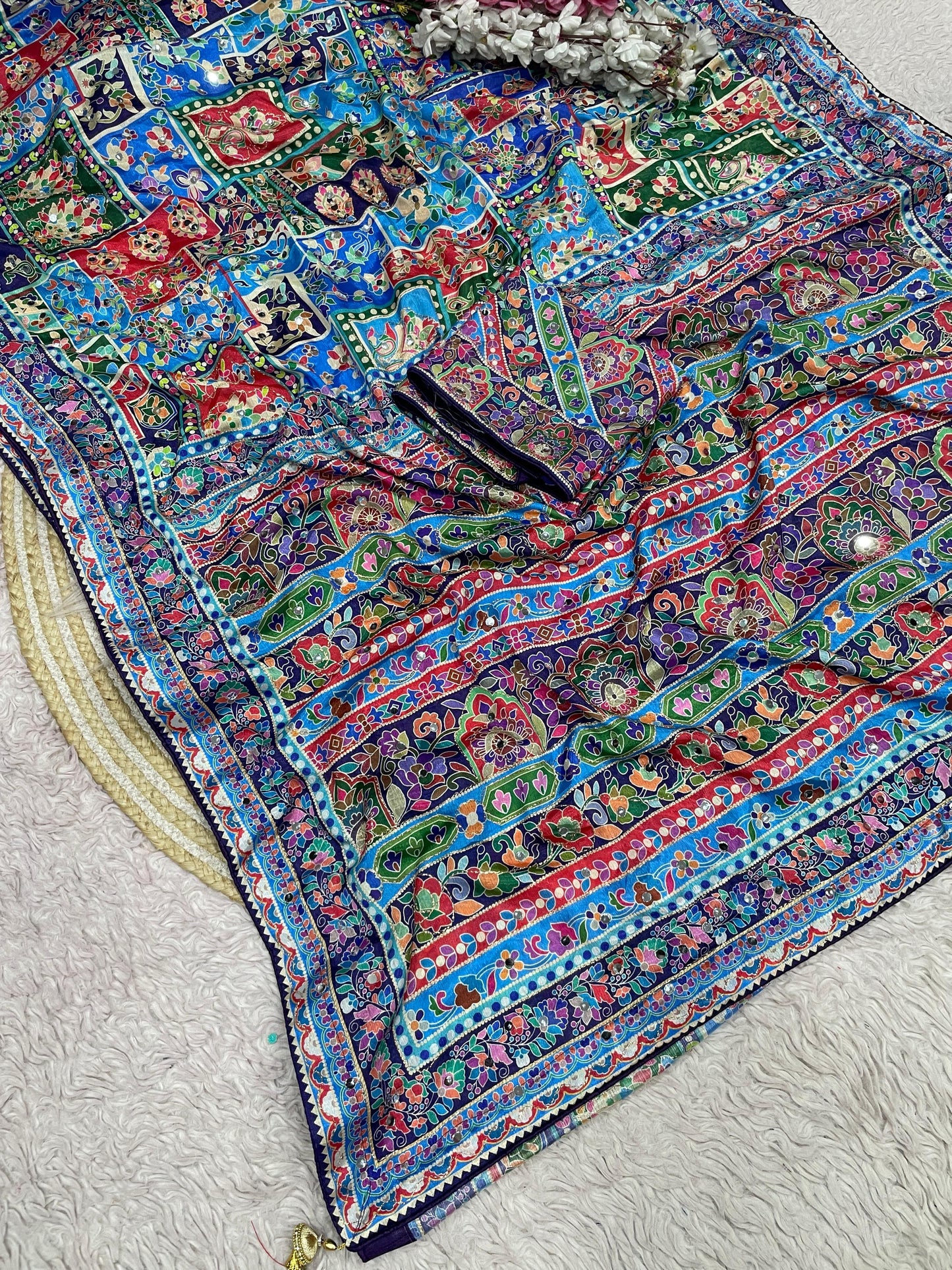 Premium Chinnon Digital Print Saree with Aari & Original Mirror Work
