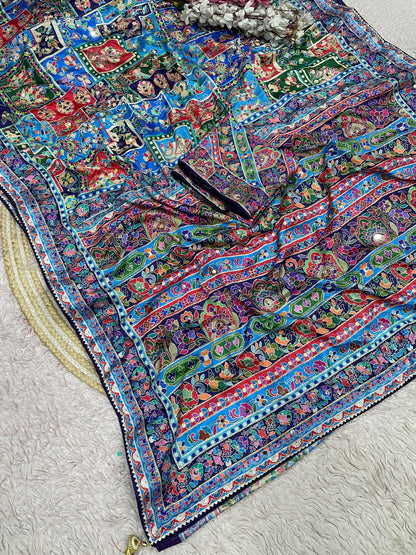 Premium Chinnon Digital Print Saree with Aari & Original Mirror Work