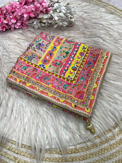 Premium Chinnon Digital Print Saree with Aari & Original Mirror Work