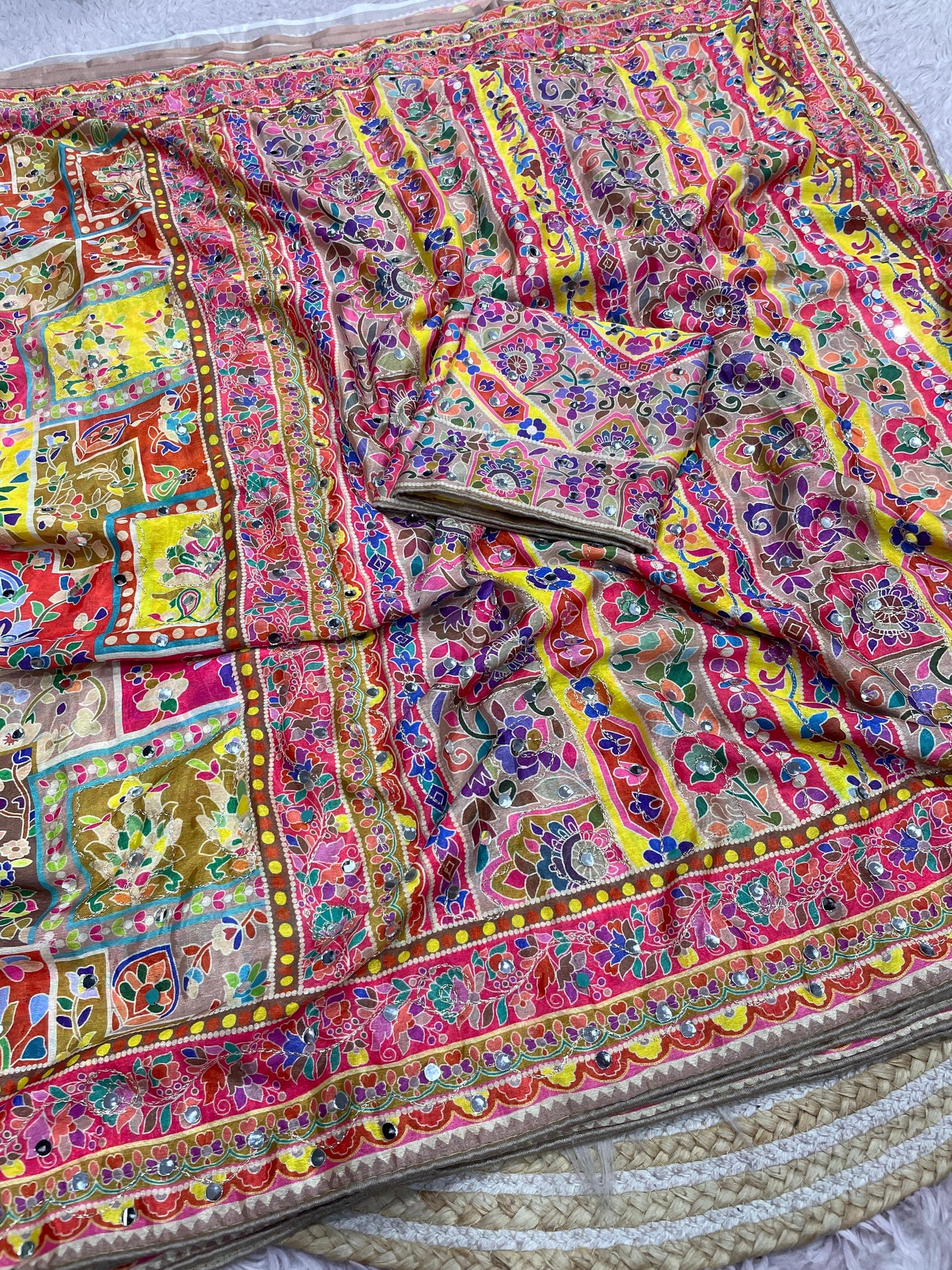 Premium Chinnon Digital Print Saree with Aari & Original Mirror Work