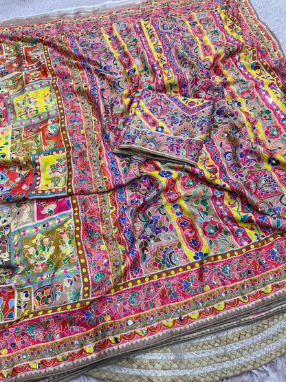 Premium Chinnon Digital Print Saree with Aari & Original Mirror Work