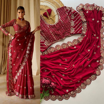 Premium Faux Georgette Saree with Original Mirror Work & Coding Lace Border